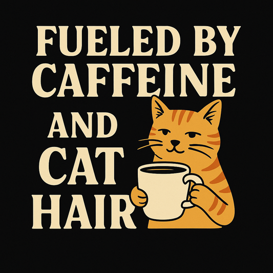 Cat holding a coffee cup with text 'Fueled by caffeine and cat hair' on a black background